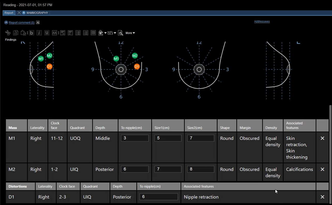 Εμφάνιση ευρημάτων στις εικόνες και στον πίνακα.