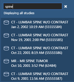 Παράδειγμα φιλτραρισμένης λίστας εξετάσεων κατά μέρος του σώματος "σπονδυλική στήλη"