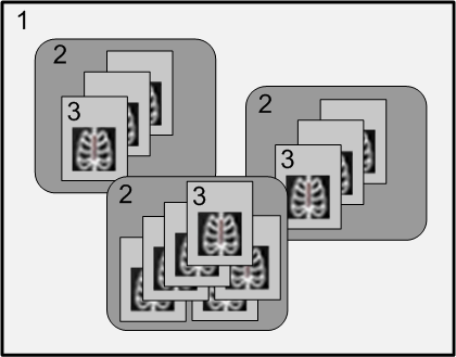 Διάγραμμα που δείχνει τη σχέση ανάμεσα σε μια εξέταση, τη σειρά της και τις εικόνες σε κάθε σειρά